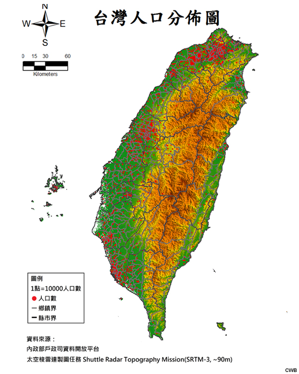 Population density map of Taiwan.