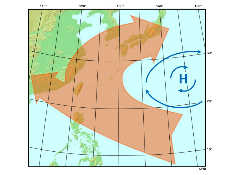 Typical paths of typhoons originating in the Northwest Pacific Ocean that are influenced by the Pacific subtropical high.