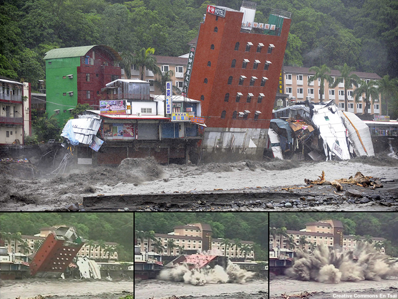 Damage to the Jinshuai Hotel due to Typhoon Morakot (2009).