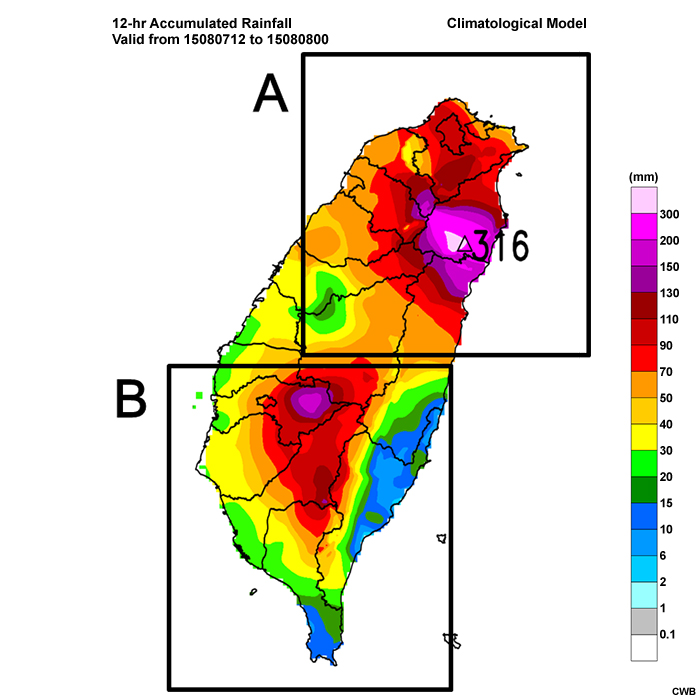 The 12-hour accumulated rainfall from the climatology model for the period 12 UTC August 7 to 00 UTC August 8, 2015 during Typhoon Soudelor.