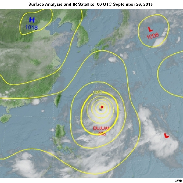 Surface weather chart overlaid with IR satellite for Typhoon Dujuan.