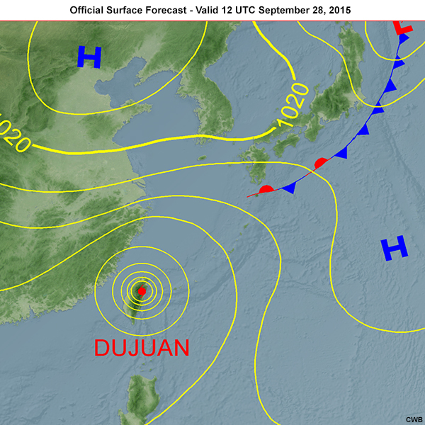 Official surface forecast charts issued at 03 UTC September 27th. The forecast hour is at 12 UTC from September 28 to September 29, 2015 in 24-hour intervals.