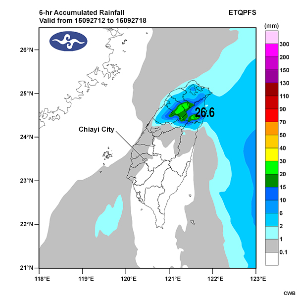 ETQPF 6-hr accumulated rainfall forecasts for the northern track of Typhoon Dujuan.