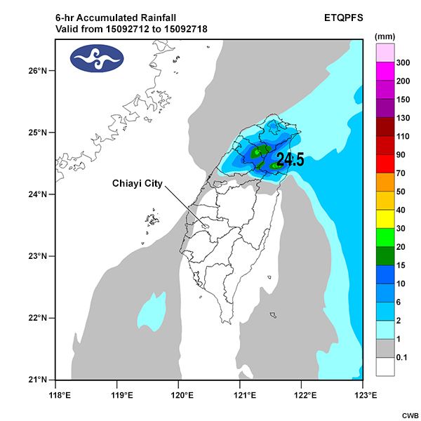 ETQPF 6-hr accumulated rainfall forecasts for the official track of Typhoon Dujuan.