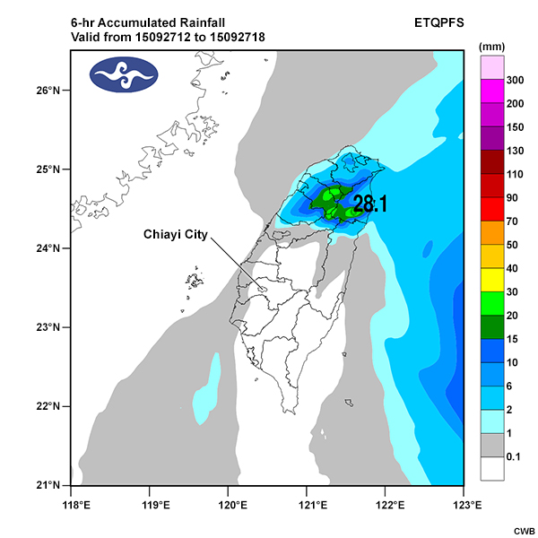 ETQPF 6-hr accumulated rainfall forecasts for the southern track of Typhoon Dujuan.