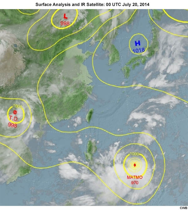 Surface weather chart overlaid with IR satellite imagery for Typhoon Matmo (2014).