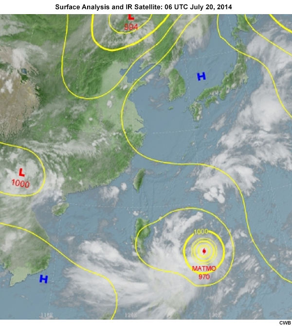 Surface weather chart overlaid with IR satellite imagery for Typhoon Matmo 2014 Image 2