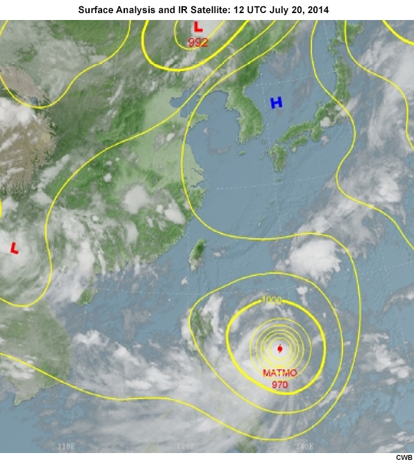 Surface weather chart overlaid with IR satellite imagery for Typhoon Matmo 2014 Image 3