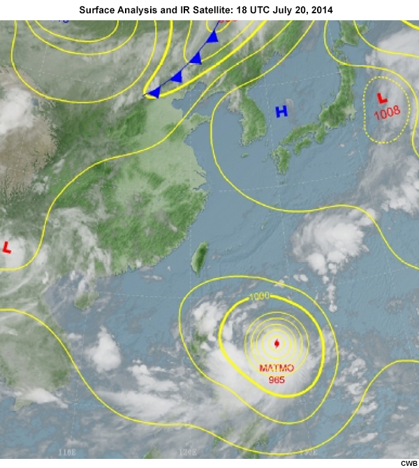 Surface weather chart overlaid with IR satellite imagery for Typhoon Matmo 2014 Image 4
