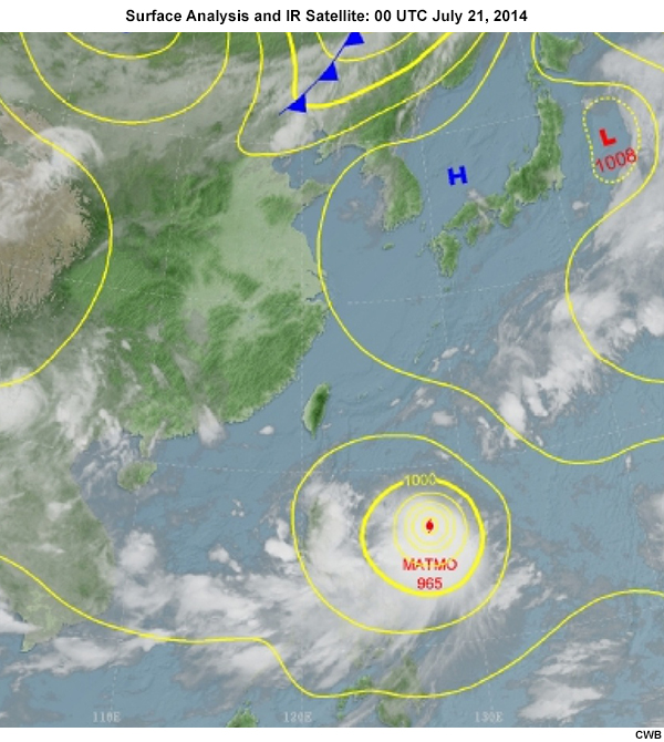 Surface weather chart overlaid with IR satellite imagery for Typhoon Matmo 2014 Image 5