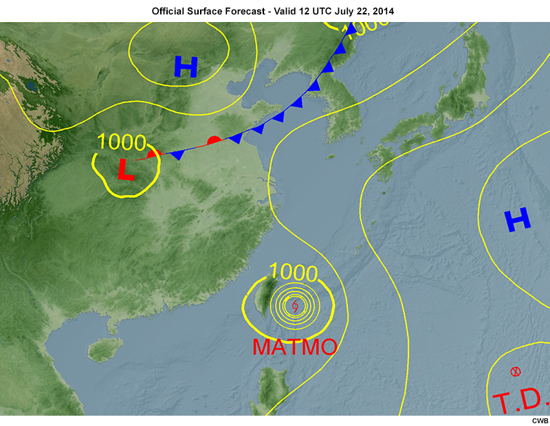 Official surface forecast chart issued at 03 UTC July 21st. The forecast hour is at 12 UTC from July 22nd to July 24th in 24-hour intervals.