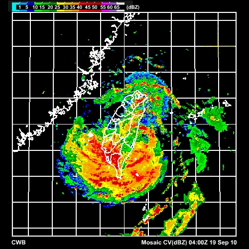 Radar imagery loop for the period 04 to 12 UTC September 19, 2010 during Typhoon Fanapi.