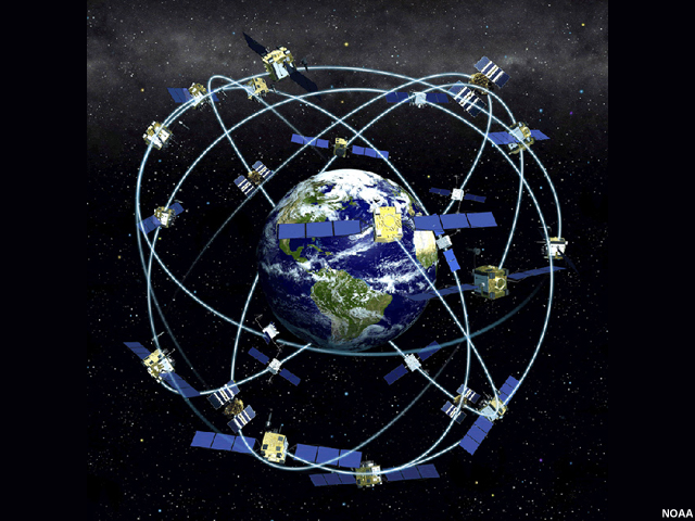 Composite of an array of GPS satellites orbiting the earth.  This is not all the satellites present around the globe, instead it is only the necessary GPS satellites to cover the globe all the time.