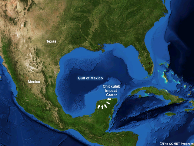 Map showing the region potentially impacted by a Chicxulub tsunami.