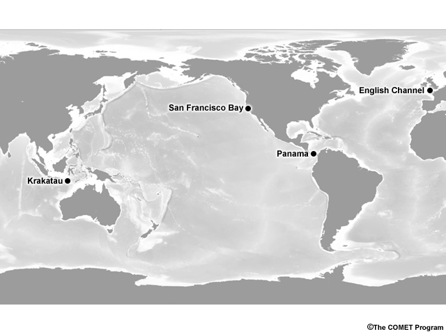 Simple world map with dots on Krakatau (in the Sunda Straight), Panama, San Francisco Bay, and English Channel. The tsunami from Krakatau's explosion was measured in all these places.
