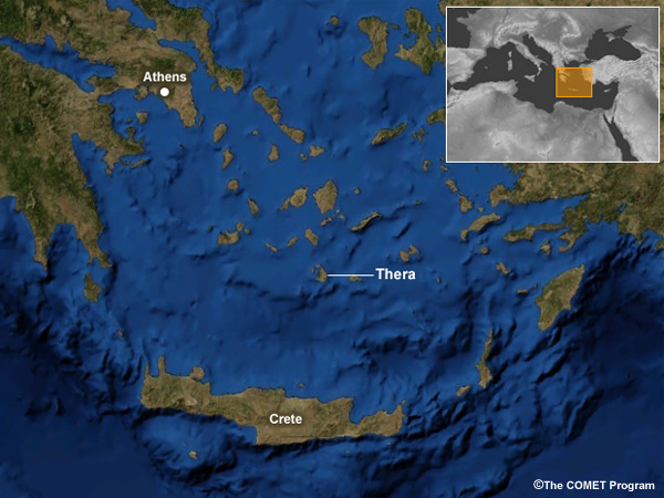 The island of Santorini and volcano Thera and its proximity to the island of Crete, whose Minoan civilization it may have helped wipe out ca. ~1,500 B.C.