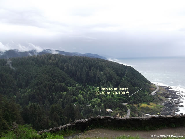 photo of Oregon coastline with 20 to 30 meter elevation line approximated