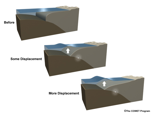 Size of displacement of ocean bottom is directly related to size of tsunami waves.