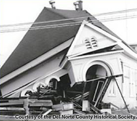 Collapsed law office following the Crescent City Tsunami, 1964.