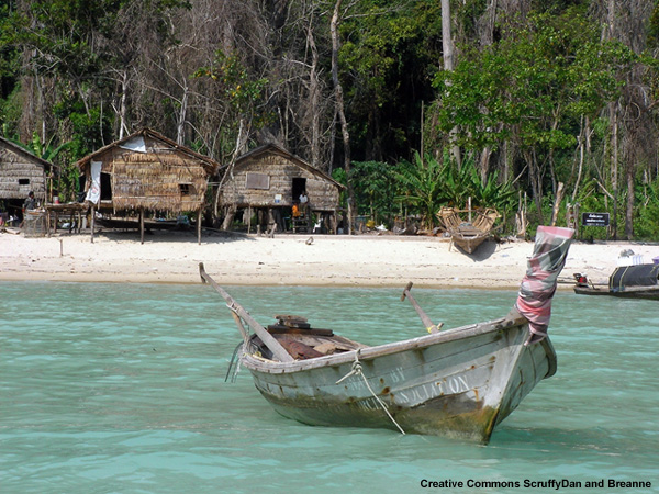 A Moken, or sea gypsy, boat and village in Thailand.