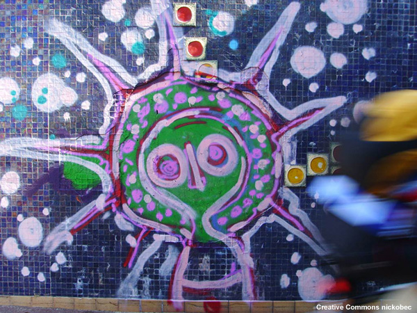 Street art of an Australian Aborigine mythical being called a Wandjina that may represent a comet.