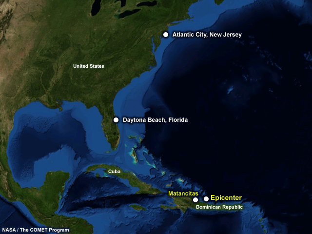 A bathymetric map of the Caribbean and North America's east coast