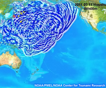 still graphic showing of modeled tsunami wave propagation across the Pacific Ocean