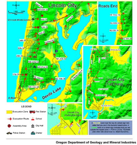 map of tsunami evacuation zones and evacuation routes for Lincoln City, Oregon