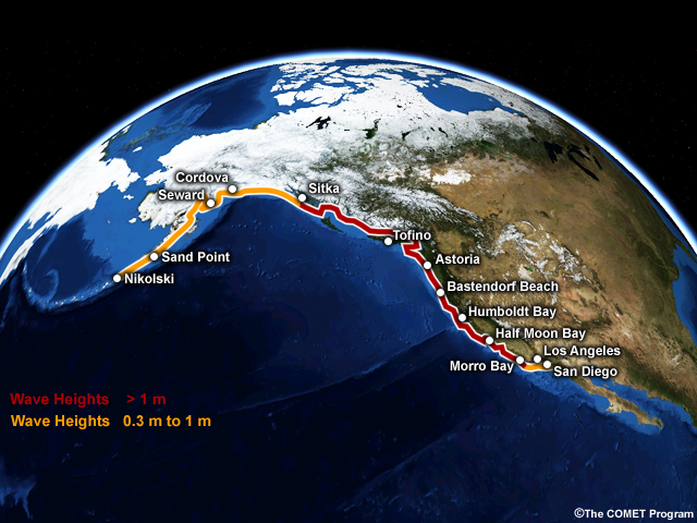 map showing Warning and Advisory areas along U.S. West Coast