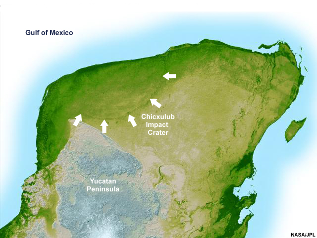 satellite view of Yucatan Peninsula with outline of Chixulub Crater marked