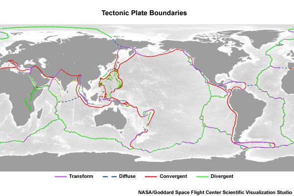 A tectonic map of Earth with the three types of plate boundaries highlighted and illustrated.