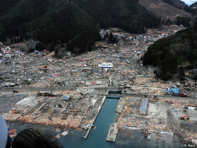 WAKUYA, Japan (March 15, 2011) An aerial view of damage to Wakuya, Japan after a 9.0 magnitude earthquake and subsequent tsunami devastated the area in northern Japan. Ships and aircraft from the Ronald Reagan Carrier Strike Group are conducting search and rescue operations and re-supply missions as directed in support of Operation Tomodachi throughout northern Japan. (U.S. Navy photo by Mass Communication Specialist 3rd Class Alexander Tidd/Released)