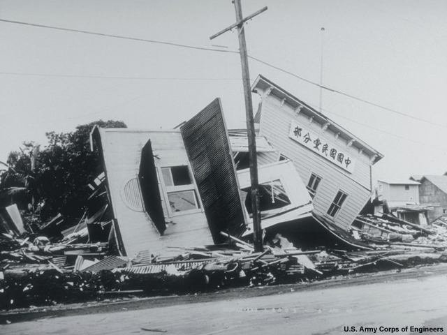Damage to a clubhouse on Hilo following the 1946 tsunami