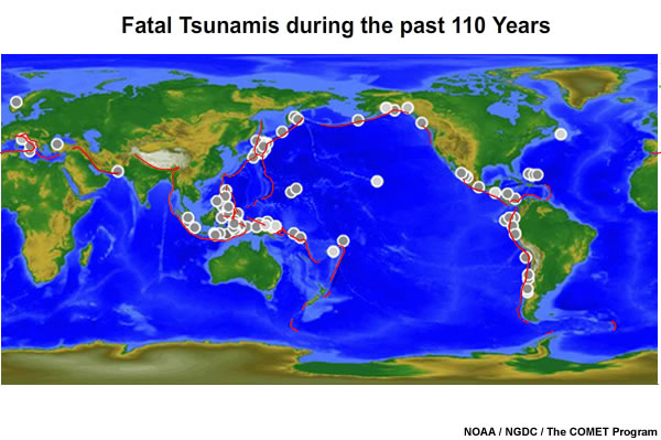 World map layer with subduction zones and tsunamis plotted.