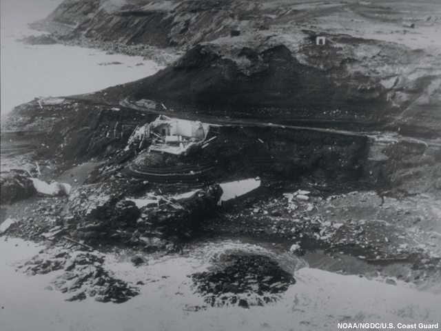 The Scotch Cap lighthouse is completely destroyed following the 1946 tsunami.