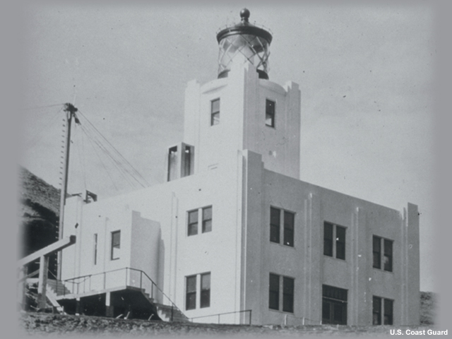 The Scotch Cap Lighthouse on Unimak Island, Alaska, before the earthquake. A magnitude 8.0 (Mw) earthquake with the source to the south of Unimak Island generated a tsunami that destroyed the five-story lighthouse, located 9.8 m above sea level. Only the foundation and part of the concrete sea wall remained. All five occupants were killed. The waves deposited debris as high as 35 m above the sea. Although little damage occurred in Alaska, except at Scotch Cap, the tsunami was one of the most destructive ever to occur in the Hawaiian Islands.