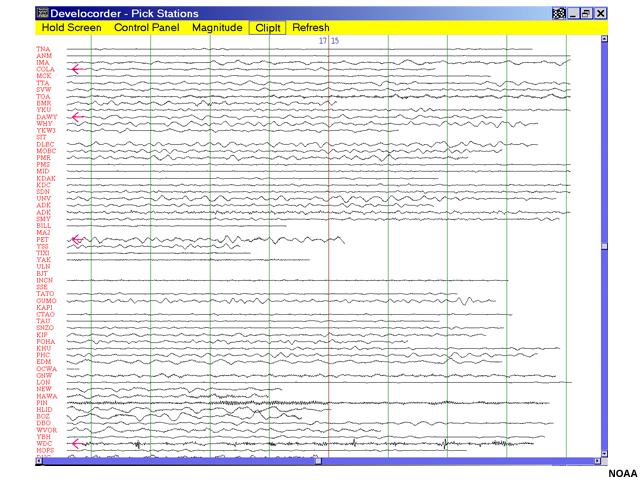 screen shot of incoming seismograph recordings