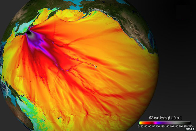 Calculated wave height of the 2011 tsunami originating near Sendai, Japan (from NOAA computer model).