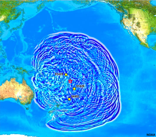 Animation depicting the propagation of the tsunami at Samoa on September 29,  2009