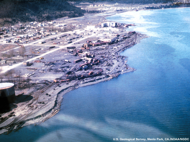 Scalloped shoreline left by underwater landslides at Seward, Alaska in 1964 