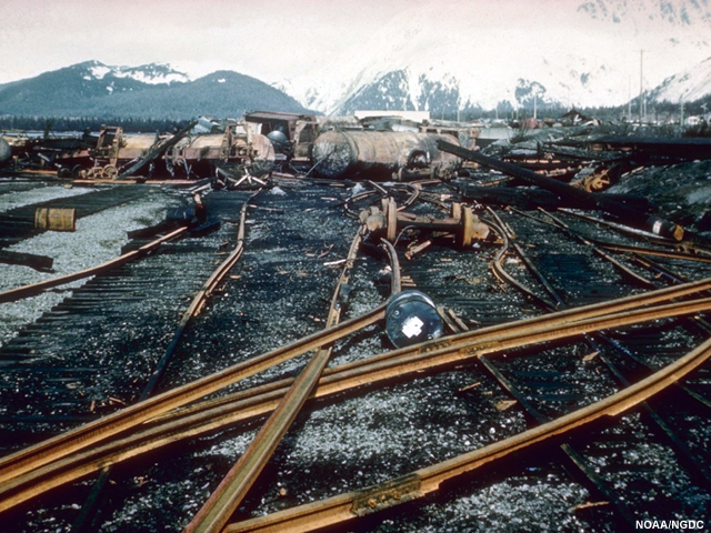 Railroad tracks were stripped from railroad ties at Seward, Alaska following the 1964 tsunami.