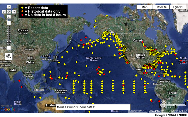 map showing tide gauge and DART buoy  locations for some the world's ocean basins and U.S. coastlines