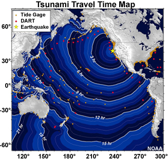 map of tsunami travel times for earthquake off the coast of California