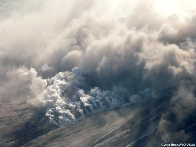 Leading edge of a pyroclastic flow on the east side of Augustine, 2006