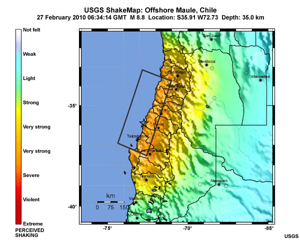 USGS shake map showing the intensity of the shaking from offshore Maule, Chile earthquake