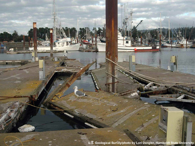 Photo of dock damage in Crescent City, California, after the 2006 Kuril Islands tsunami. 