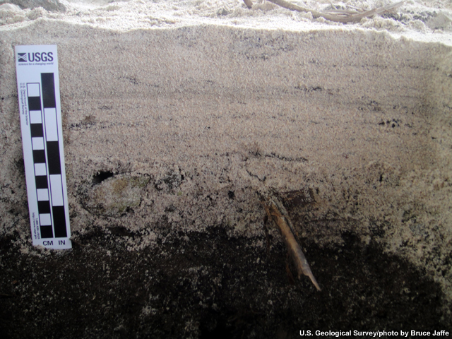 Sand blankets the darker soil that existed before the 2009 tsunami at Alao.