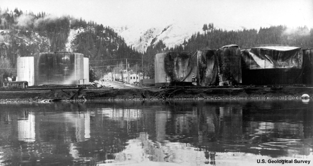 Damaged Oil tanks at Seward Alaska following the 1964 earthquake and tsunami