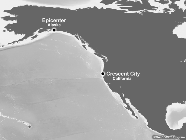 A map of the U.S. showing the location of the epicenter at Prince William Sound, Alaska and Crescent City, California
Please revise using desired map. Continue to use the labels in the wiki_crescent_map file