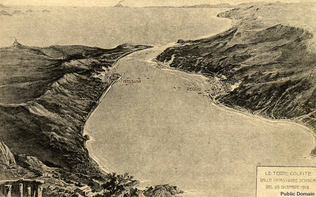Illustration of the Messina Strait after the 1908 earthquake and tsunami.